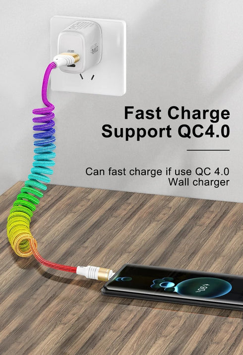 Coiled Colourful Nylon Braided Cord Lightning Cable,2Pack Rainbow Spring Retractable Lightning Cable, USB Fast Charging Cord for Car,Compatible wi...