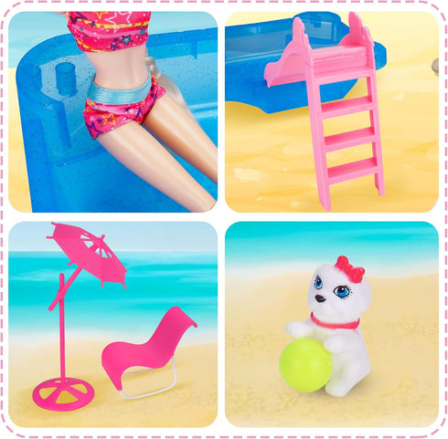 BETTINA Pool Playset - Glam Pool with Slide, Doll Pool Accessories includes Beach Chair, Beach Umbrella, Dog, Swimming Pool Set for 12 Inch Dolls,...