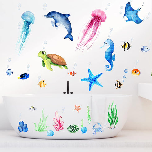 4 Sheets Ocean Fish Wall Decals Stickers Sea Wall Decal Stickers Removable Sea Life Marine Animal Sticker Underwater Ocean Creatures Decor for Kid...