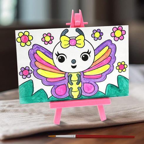 VKPI Pre-Drawn Canvas Painting Set with Mini Easel for Kids, Watercolor Art Supplies Kit with 3 Printed Canvases, 3 Plastic Easels, Paint Pots and...