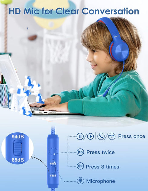 Headphones for Kids for School, Kids Headphones with Microphone, Sharing Function, 85dB/94dB Safe Volume Limit, Over Ear Kids Headphones for Schoo...