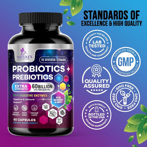 Daily Probiotic and Prebiotic Supplement 60 Billion CFU Capsule for Women & Men - 10 Diverse Strains - Acidophilus Prebiotics & Probiotics for Dig...