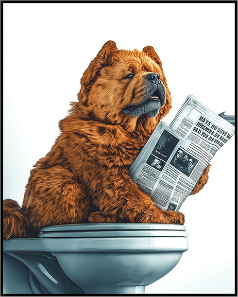 Posterizer 1 pcs-funny poster of cute fluffy chow-chow dog on the toilet 2-Bathroom Restroom Art-Comedy Art- Bathroom, restroom Decor- unframed wa...