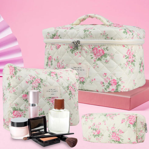 Cute Makeup Bag for Women(3 Pcs), Quilted Floral Coquette Aesthetic Make up Bags, Travel Cosmetic Bags Toiletry Organizer Bag(Pink Flower)...