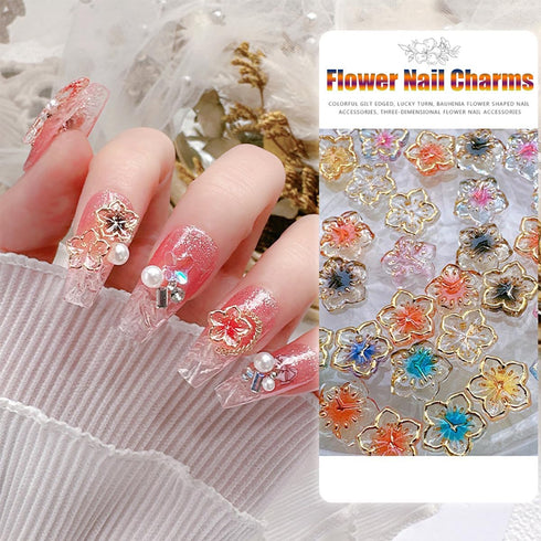 50Pcs Flower Nail Charms 3D Lovely Flower Charms Nail Rhinestones Gold Edge Glaze Design Resin Nail Jewels Colorful Floral Nail Art Charms Supplie...