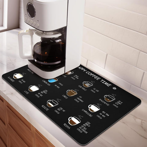 Designer Coffee Pot Mat Dish Drying Mat - 12x19 Trimmable, PU Leather Surface & Rubber Backed, Kitchen Countertop Protector, Super Absorbent, Heat...