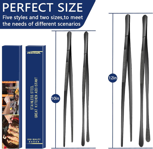 4 Pcs Cooking Tweezers Tongs, 12''&10'' Black Stainless Steel Food Tongs Set, Professional Kitchen Long Tongs for Cooking,Repairing,Sea food,BBQ,M...