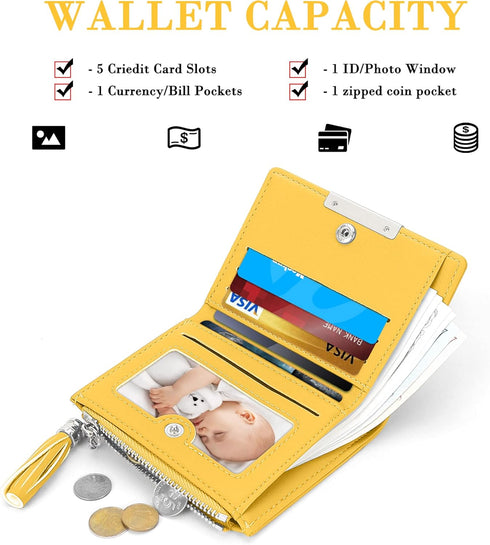 Small Wallet for Women, Leather Compact Bifold Womens Wallet with Zipper Coin Purse (Tasseled Zipper, Yellow)...