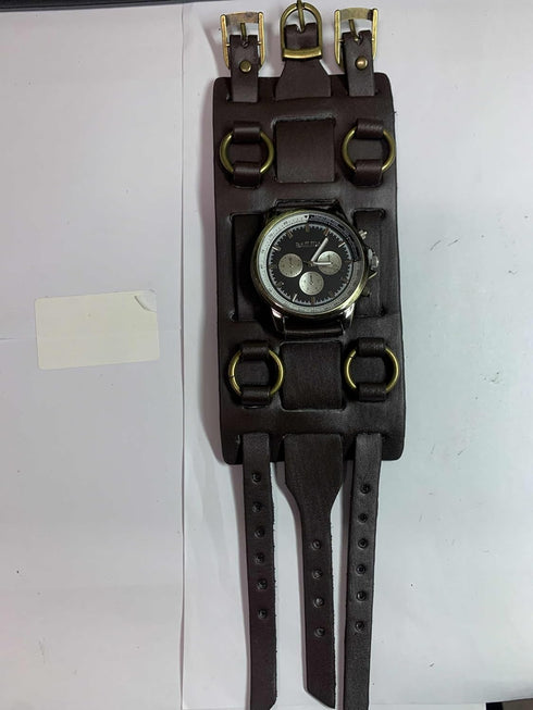 JewelryWe Black Brown Hip-hop Gothic Punk Style Men Watch Wide Leather Fashion Cuff Wristwatch for Valentine’s Day...