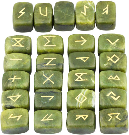 SUNYIK Natural Green Jade Rune Stones Set with Engraved Elder Futhark Alphabet Lettering Polished Healing Crystal Kit...