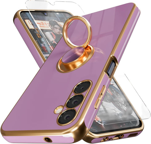 ?for Galaxy A14 5G Phone Case,+Screen Protector,with Magnetic Kickstand,Built-in 360° Rotation Ring Holder,Plating Gold Edge Slim Soft TPU Shockpr...