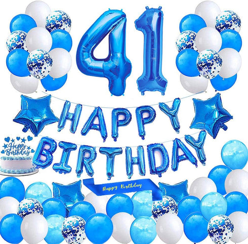 Blue 41st Birthday Decoration Happy Birthday Banner Number 41 Balloons Blue Happy Birthday Sash Cake Topper Latex Confetti Balloons for Boys Men 4...