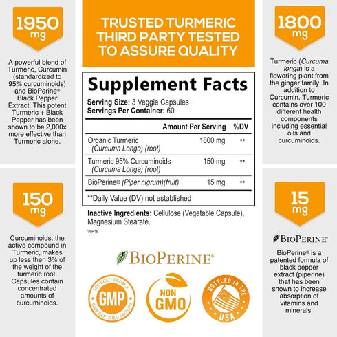 Turmeric Curcumin with BioPerine 95% Standardized Curcuminoids 1950mg - Black Pepper Extract for Max Absorption, Nature's Joint Support Supplement...