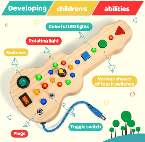 Montessori Toddler Busy Board Toy Busy Board with 15 LED Light Wooden Guitar Busy Board Toy Sensory Toy Light Switch Toy for Toddler and Baby...