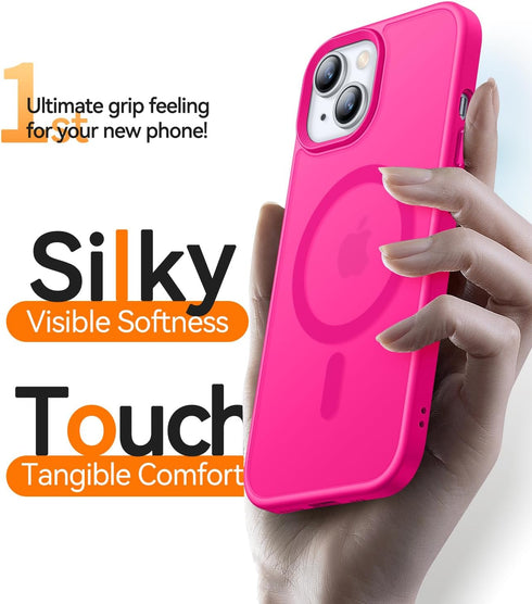 CANSHN for iPhone 14 Case/iPhone 13 Case, Compatible with MagSafe, Translucent Matte Back Slim Shockproof Phone Cover, Hot Pink...