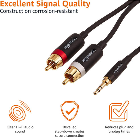 Amazon Basics 3.5 Aux to 2 x RCA Adapters, Audio Cable for Amplifiers, Active Speakers with Gold-Plated Plugs, 15 Feet/4.6 m, Black...