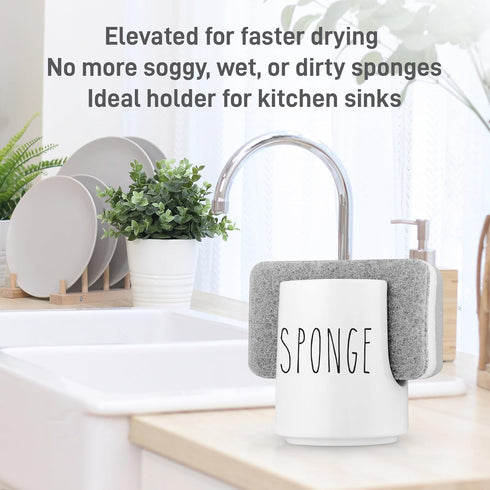 Ceramic Sponge Holder for Kitchen Sink – White Sink Caddy Organizer – Farmhouse Kitchen Sponge Holder – Cute Ceramic Sponge Rest for Countertop...