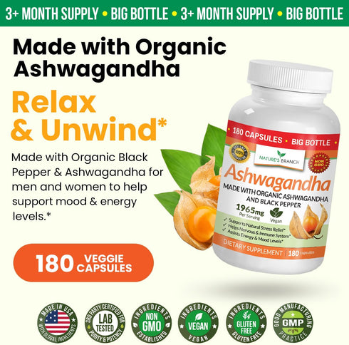 UDAF Certified Organic Ashwagandha with Black Pepper - 180 Capsules - 1965mg Extra Strength for Stress, Sleep, Mood, Thyroid, Focus, Hair, Vegan P...