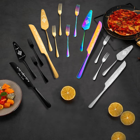 Engraved Wedding Cake Cutting Set with Forks, Elegant Cake Knife and Server with Thickened Stainless Steel Rounded Edges, Cutter Pie Spatula Birth...