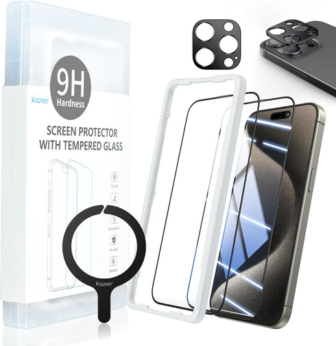 for iPhone 15 Pro Max Screen Protector Tempered Glass Screen Protector Camera Lens Protector Metal Ring Sticker for Magsafe Set with Installation ...