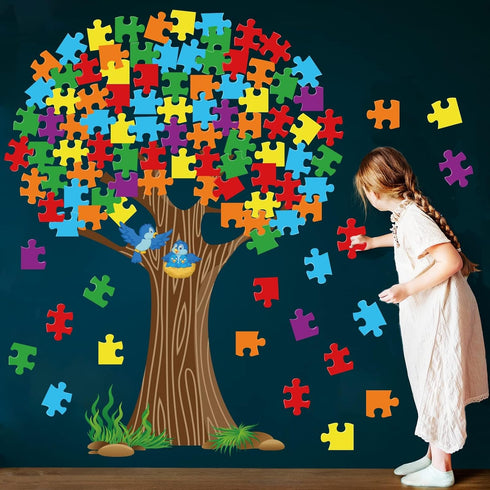 Classroom Tree Bulletin Board Set, Puzzle Pieces Classroom Bulletin Cutouts Tree Wall Decors Supplies for School Elementary Teacher Chalkboard...