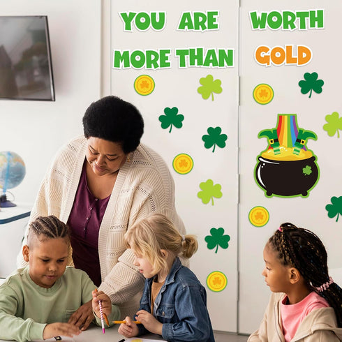 72Pcs St. Patrick's Day Bulletin Board Decor Set Shamrock Clover Gold Coin Cut-Outs with Glue Points Bulletin Board Stickers for Irish Holiday Sch...