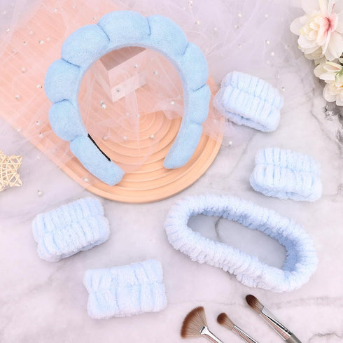 6Pcs Blue Spa Headbands and Wrist Washbands Set, Skincare Headbands Sponge Face Wash Headband Makeup Headband, Terry Cloth Headbands Face Towel Wr...