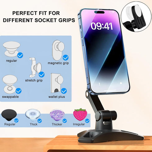 Cell Phone Stand Works for Popsocket, Height Angle Adjustable Desk Phone Holder, Heavy Duty Phone Stand for Desk for Home, Fits for All Sockets Gr...