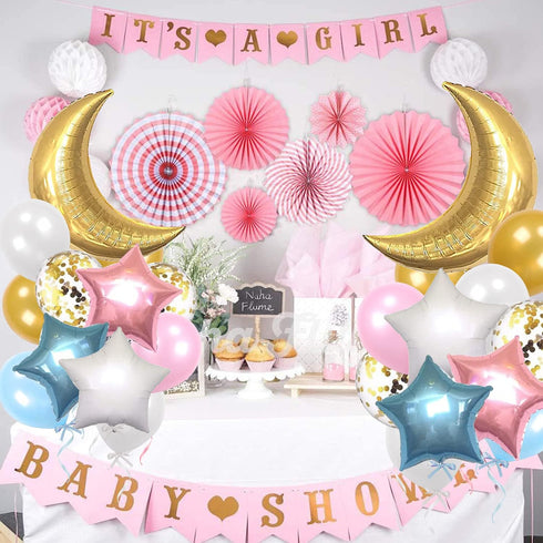 34 PCS Twinkle Little Star Baby Shower Birthday Party Decoration,Moon and Star Mylar Balloons for Gender Reveal Party,Blue Pink White Gold Confett...