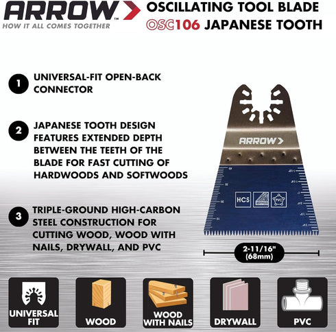 Arrow OSCELEC1-EK 4-Piece Oscillating Tool Accessory Kit for Drywall, PVC, Wood, Includes 2 Japanese Tooth Blades, 1 Standard Blade and 1 Titanium...