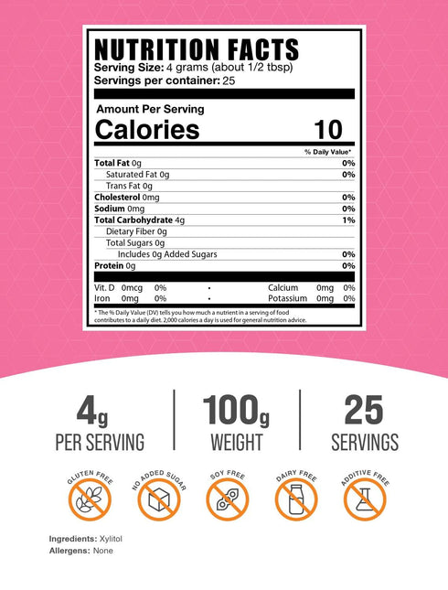 BulkSupplements.com Xylitol Powder - Xylitol Sweetener, Sugar Substitute For Baking & Cooking - Low Calorie & Gluten Free, 4g per Servings, 100g (...