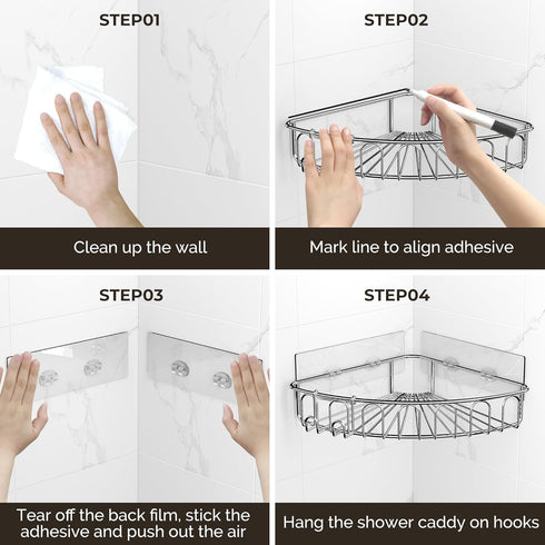 Orimade Corner Shower Caddy Stainless Steel with Hooks Wall Mounted Bathroom Shelf Storage Organizer Adhesive No Drilling 2 Pack, Silver Only for ...