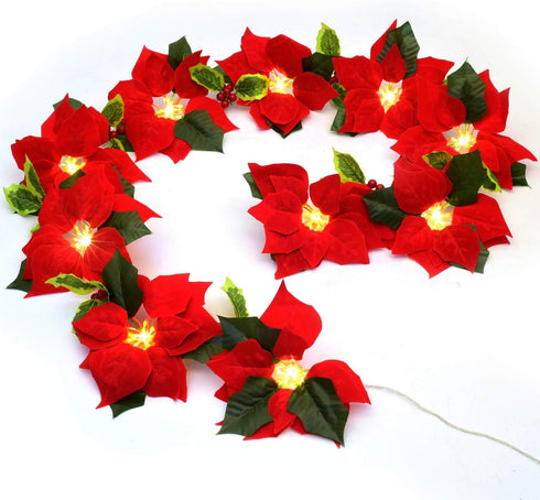 DearHouse 6.5Ft Lighted Poinsettia Christmas Garland with Red Berries and Holly Leaves, Pre-Lit Velvet Artificial Poinsettia Garland for Christmas...