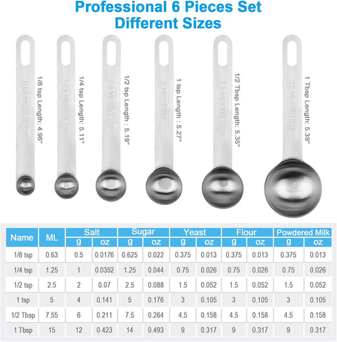 Upgrade Stainless Steel Measuring Spoons Set, Small Tablespoon, Teaspoons, Set 6 with Bonus Leveler, Etched Markings and Removable Clasp for Dry a...