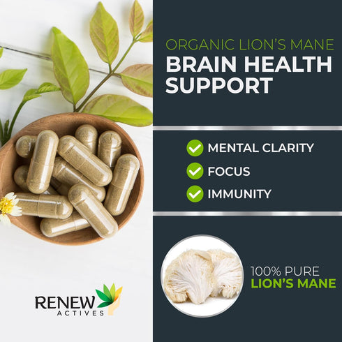 Renew Actives Organic Lions Mane Mushroom Supplement - 40% Polysaccharides, Immune Wellness & Rich in Antioxidant - 120 Capsules...