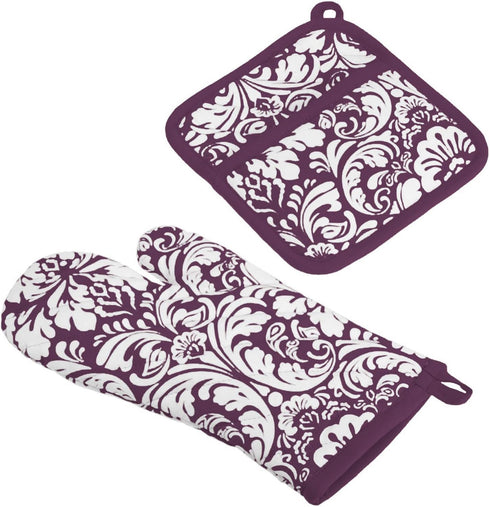 DII Quilted Kitchen Oven Mitt & Potholder Set, Hanging Loop for Convenient Storage, OM 6.5x12/PH 8x8.5, Eggplant Damask Print, 2 Piece...