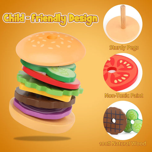 Montessori Toys for 3 Year Old - Wooden Burger Stacking Toys for Toddlers and Kids Preschool, Educational Toys, Fine Motor Skill Toy, Blocks for T...
