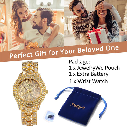 JewelryWe Men Watches Gold Tone Alloy Quartz Watch Stylish Rhinestone Business Casual Dress Wristwatches for Father's Day...