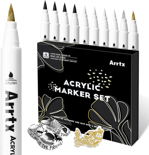 Arrtx Acrylic Paint Pens, 10 Pack Extra Brush Tip White Paint Markers Metallic for Rock Fabric Wood Glass Canvas Ceramic, 4 White 4 Black 1 Gold &...