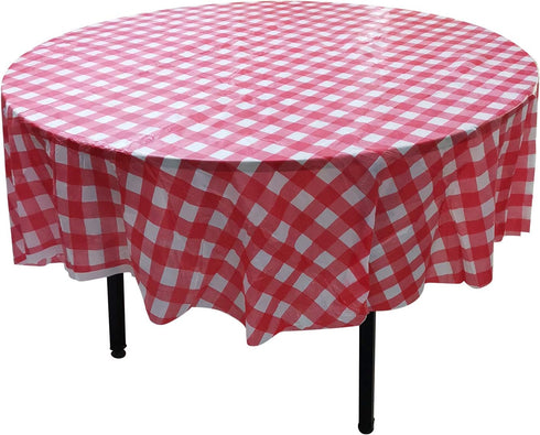 10 Pack Round Plastic Checkered BBQ Tablecloth -Red & White Checkered Gingham Tablecloth -Plastic Picnic Table Covers (Round 84 inch)...