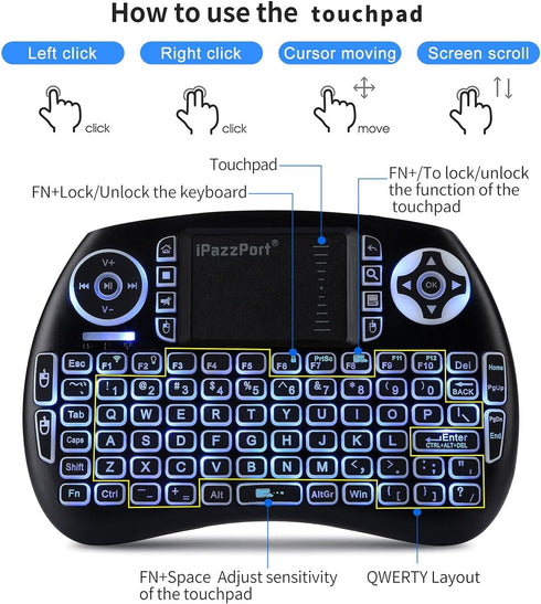 iPazzPort (Newest Upgrade) Mini Bluetooth Keyboard with Touchpad (Handheld Keyboard), Backlit Mini Wireless Keyboard with 2.4G USB Dongle for Goog...