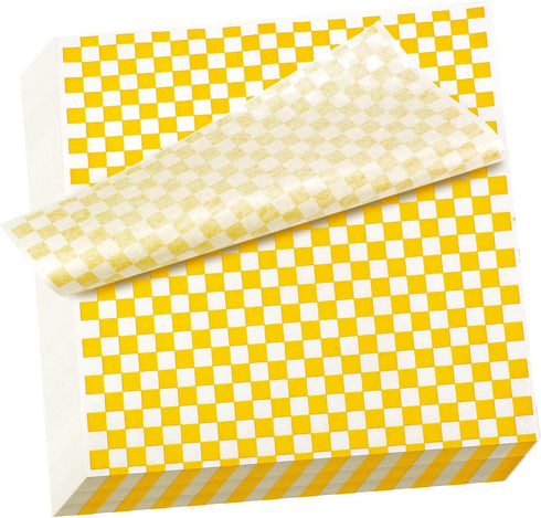 100 Sheets Checkered Dry Waxed Deli Paper Sheets, Paper Liners for Plastic Food Basket, Wrapping Bread and Sandwiches (Yellow)...