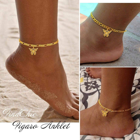 FindChic Butterfly Anklets for Women, 8.5'' to 10.5inch Dainty 18K Gold Plated Cute Charm Figaro Chain Ankle Bracelets Barefoot Jewelry...