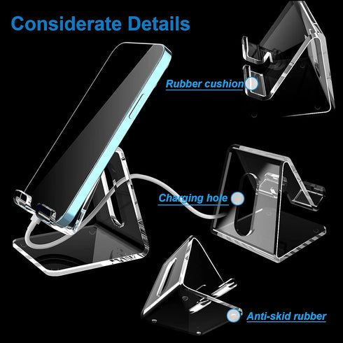 Crpich Acrylic Cell Phone Stand, Portable Clear Phone Stand for Desk, Compatible with Phone15 14 13 Pro Max Mini 12 11 Plus SE, Switch, Android Sm...
