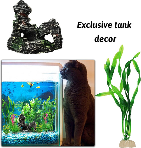 Fish Tank Accessories Aquarium Decorations Plants, 9pcs Green Fish Tank Decorations Plants and Cave Rock Decoration Decor Set, Aquarium Decor Plas...