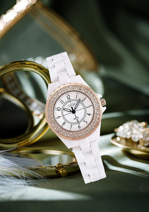 Womens Luxury Wrist Watch Fashion Rhinestone White Ceramic Watch Casual Lady Nice Dress Watches (Rose Gold)...