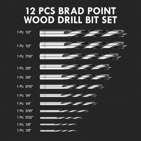 Brad Point Wood Drill Bit Set, 12Pcs Drill Bit Set with Double Flutes Design for Carpenter Woodworking and All Types of Wood (1/8" - 1/2")...
