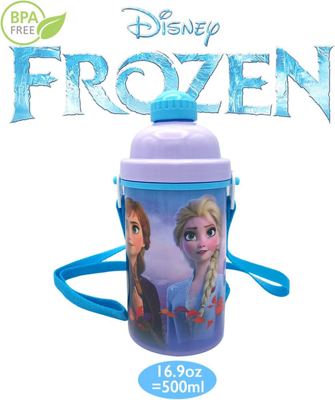 Disney Frozen Deluxe Carrying Strap One Touch Water Bottles with Reusable Built in Straw (Snow Canteen 16.9oz)...