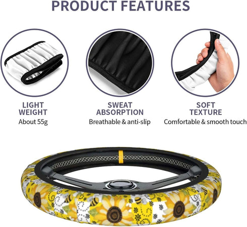 Sunflower Bee Steering Wheel Covers Universal Fit 15 Inches Neoprene Anti-Slip Car Wheel Protector for Women Girls...
