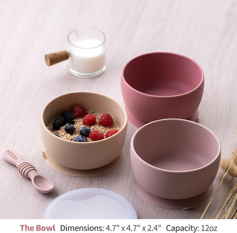 Baby Bowl and Spoon Set with Suction and Lid, Silicone Baby Food Bowl, First Stage Baby Feeding Set, Self Feeding Essentials for 6+ Months (Rose)...